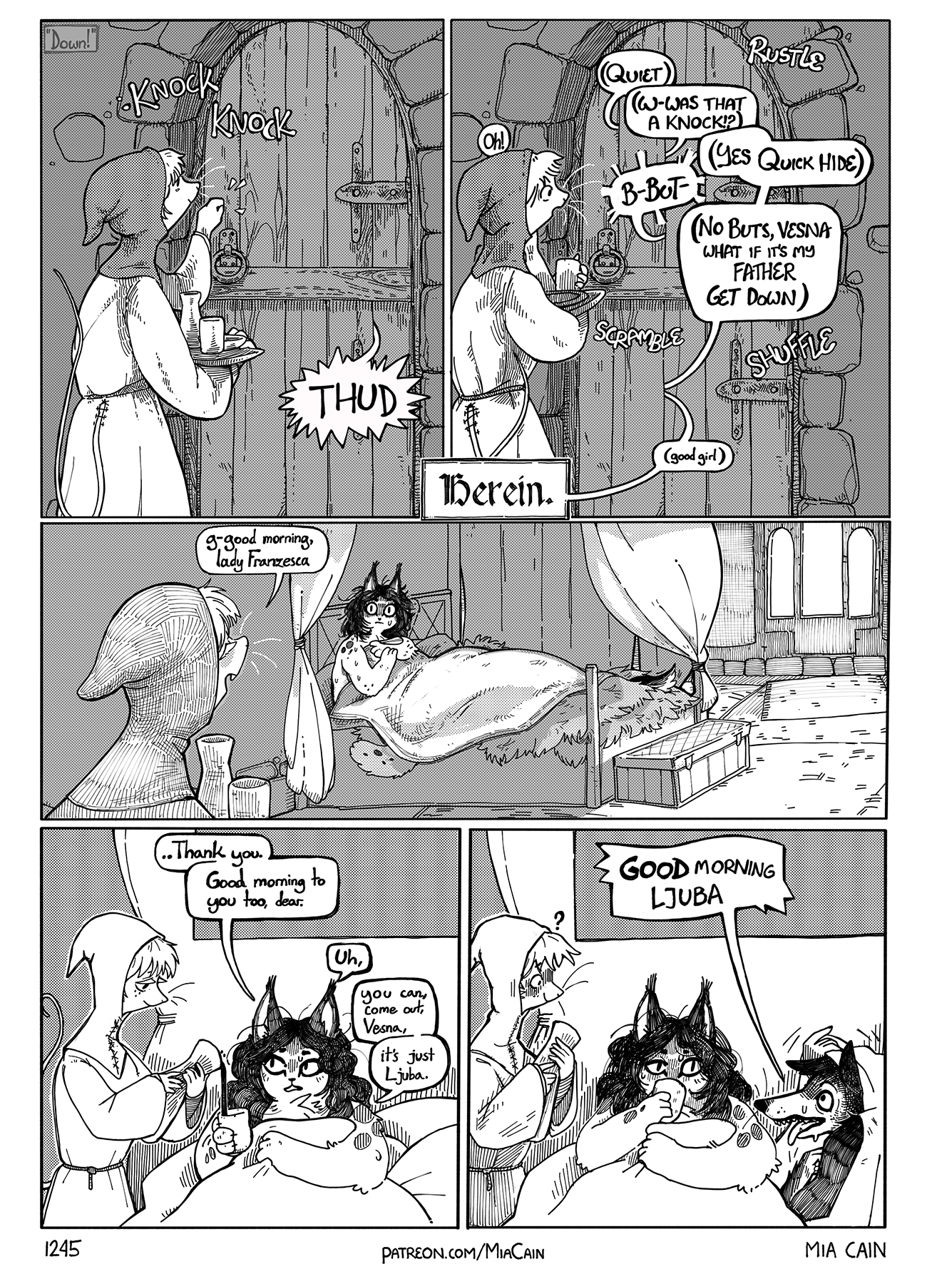 Ljuba politely waits in front of Franzesca's door until she is let in.