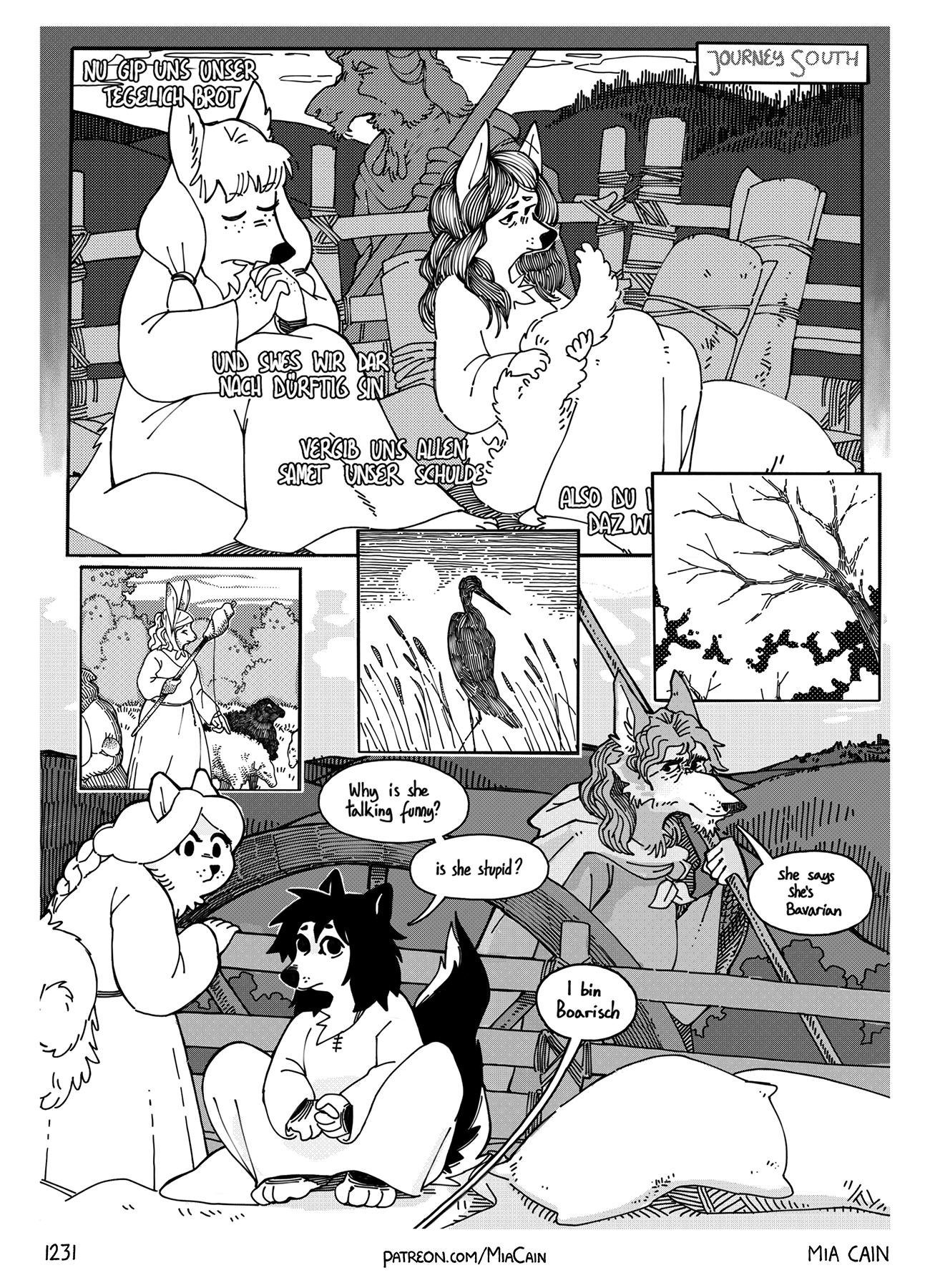 Four young wolf girls are frightened in a cart.