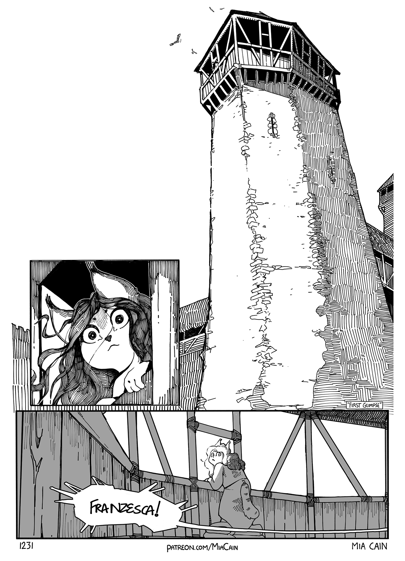 Franzesca peers down from a high tower.