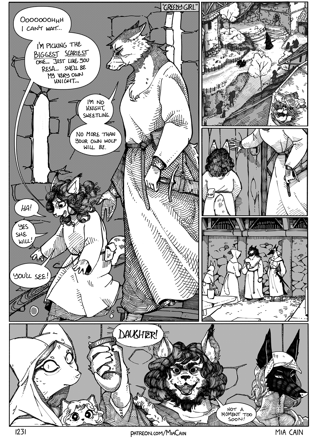 Excited, Franzesca rushes down to select her new man-at-arms.